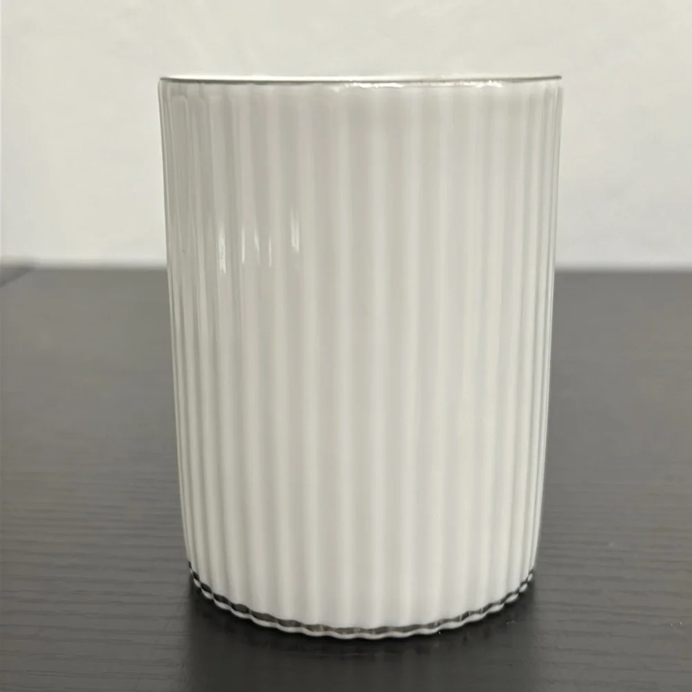 8 Vintage Ucagco White Ribbed Porcelain Silver Trim Demitasse Tea Cups